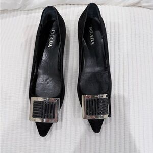 Prada Black Flats with Silver Buckle